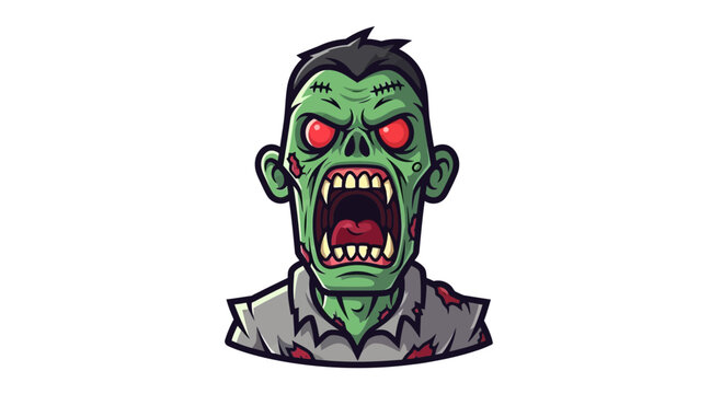Cartoon zombie head with red eyes.