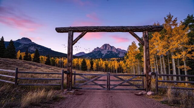 Rustic wooden gate on dirt road with autumn mountains at sunset