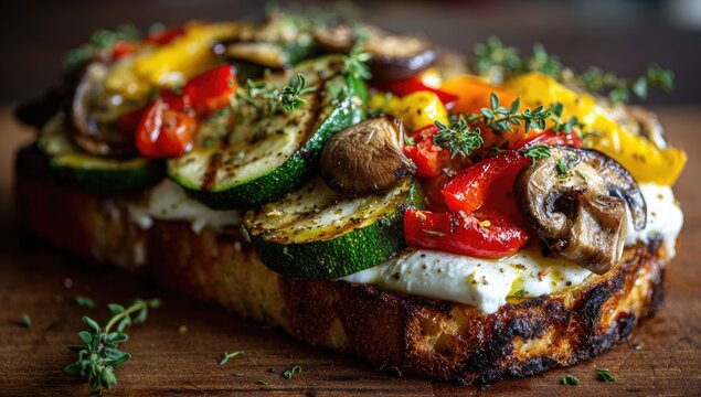 Gourmet Grilled Vegetable Bruschetta with Creamy Cheese and Fresh Herbs.