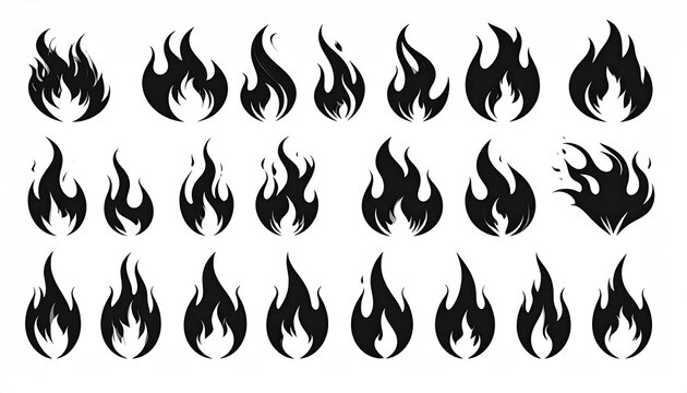 Collection of stylized black flame graphics arranged in rows against a white background