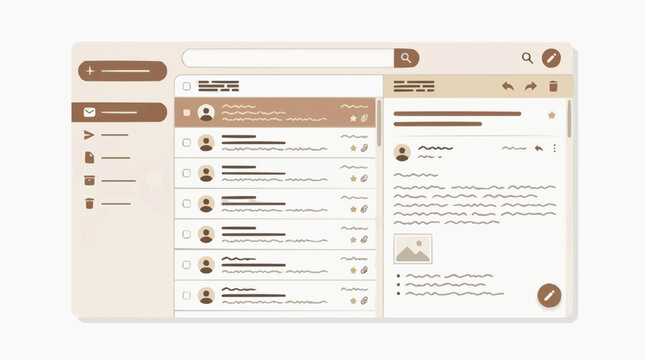 email inbox interface showing message list, reading pane, sidebar folders and compose controls. Ideal for UI design, productivity, webmail, communication and marketing projects.