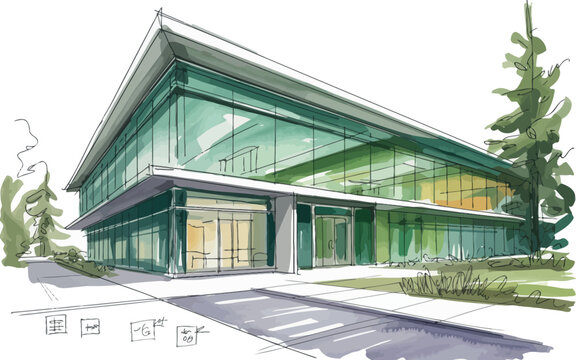 This is a modern architectural sketch of a corporate building. The design features expansive glass facades that invite natural light into the workspace.
