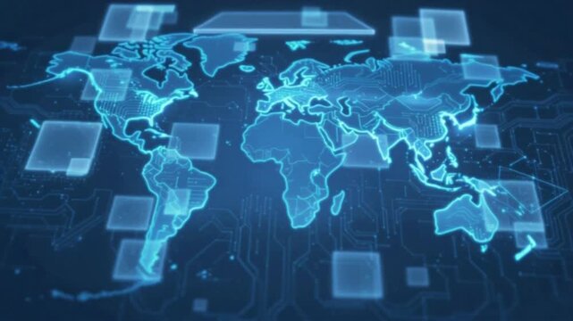 Glowing blue world map on circuit board background with digital elements and futuristic design