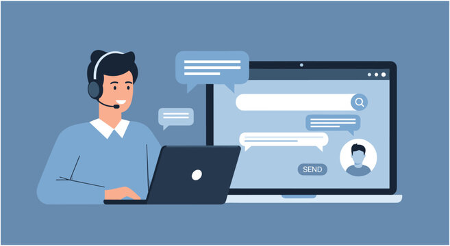 Customer service representative with headphones using laptop for online chat support with call center with help desk with flat design