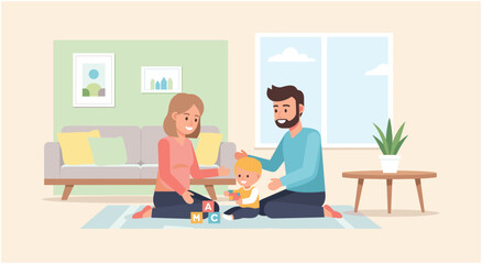 Fototapeta premium Happy family playing with baby on the floor in a bright, modern living room with toys, family time