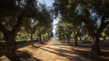 Olive tree shadows on earth path with sky vanishing point