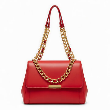 Elegant red handbag with gold chain strap and rectangular clasp isolated on white background, illustration