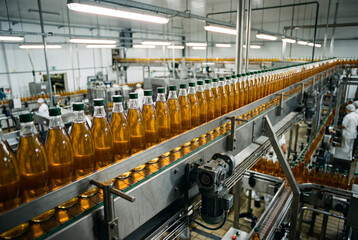 Fototapeta premium Juice bottles moving on conveyor belt in industrial factory