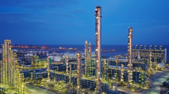 Aerial view of illuminated chemical plant and petrochemical refinery with industrial pipes and tall chimneys at night.