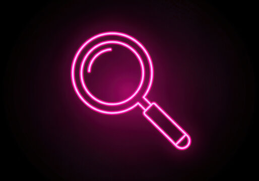 Neon pink magnifying glass on a black background