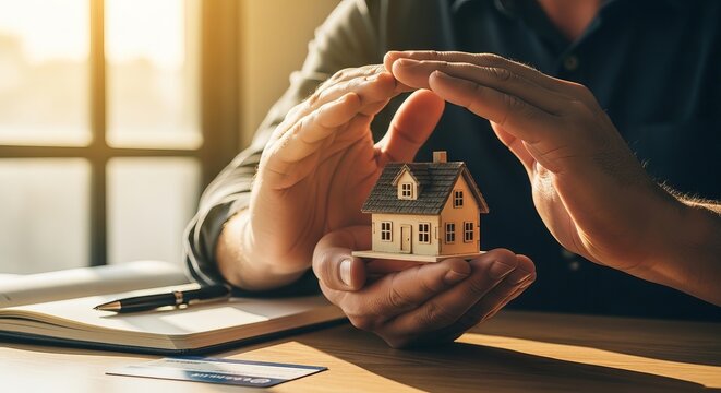 Hands protecting small house model on office desk for home insurance and property safety concept