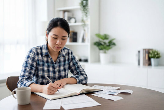 Focused asian woman writing in notebook with receipts on table at home
