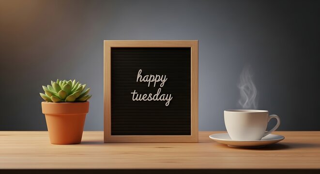 Steaming cup of coffee with happy tuesday sign and potted plant on wooden desk