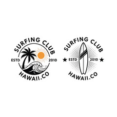 Obraz premium Retro Surfing Club Emblems for Hawaiian Beach Culture and Summer Vacation Activities