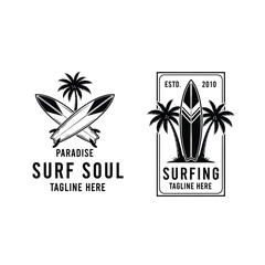 Retro Surfing Badges, Tropical Palm Tree and Surfboard Vector Logo Designs
