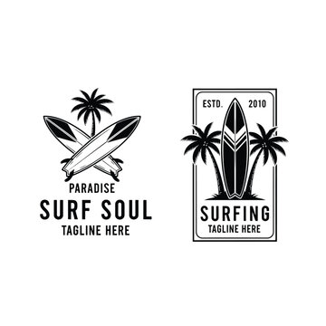 Retro Surfing Badges, Tropical Palm Tree and Surfboard Vector Logo Designs
