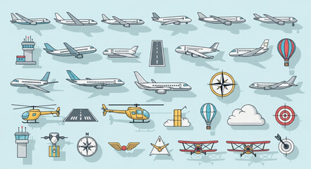 Aviation Icons - A Diverse Collection of Aircraft and Flight-Related Symbols. © Cihu