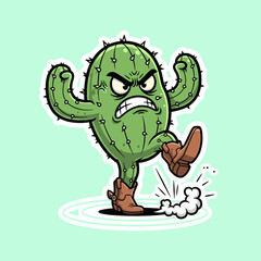 Obraz premium Angry cartoon cactus in boots kicking.