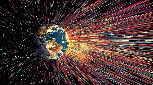 The Earth planet in space with colorful lights and stars radiating from it in a beautiful cosmic scene.