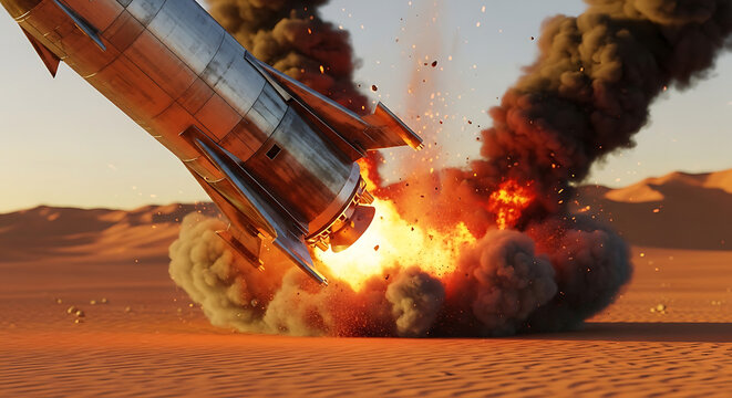 starship rocket crash landing in a desert at sunset with a fiery explosion and smoke illustrating space mission failure.
