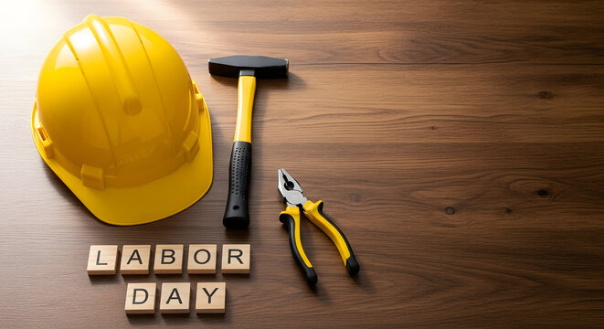Labor day essentials hard hat tools and celebration honoring workers' contributions