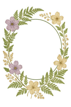 Elegant floral wreath composed of delicate flowers and lush greenery in a circular arrangement isolated on transparent background