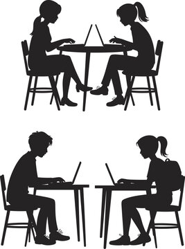 Students using laptops at table silhouette, kids studying online with computer, digital learning education technology concept illustration