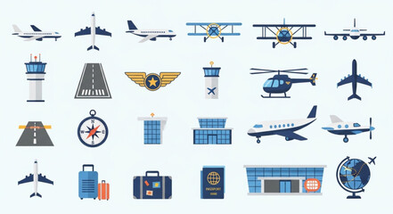 Collection of Aviation and Travel Related Vector Icons. © Cihu