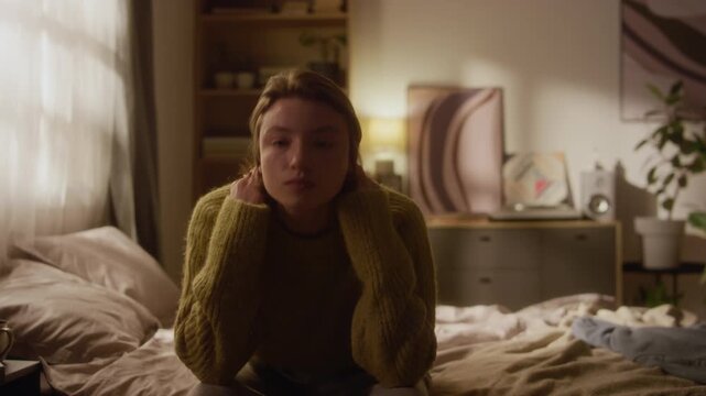 Panning shot of young adult woman sitting on bedside struggling with anxious thoughts then looking at camera with desperate expression in sunlit room