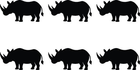 Six black rhino silhouettes are arranged in two rows of three against a white background, showcasing their powerful forms. © MdBijoyAli