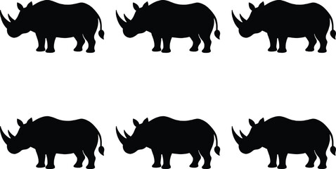 Six black rhino silhouettes are arranged in two rows of three against a white background, showcasing their powerful forms. © MdBijoyAli
