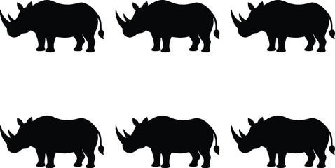 Six black rhino silhouettes are arranged in two rows of three against a white background, showcasing their powerful forms. © MdBijoyAli