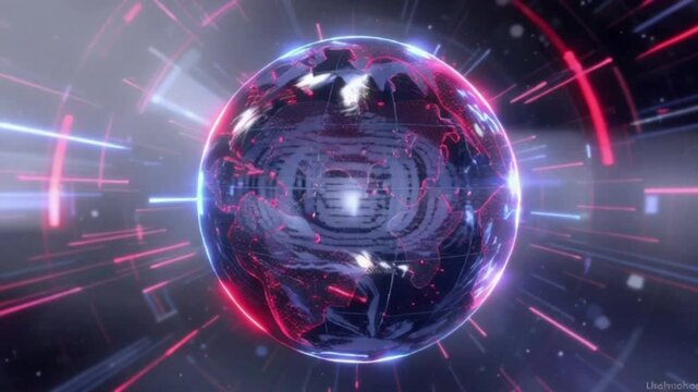Globe with neon red and blue lines on a dark background with futuristic technology elements and a digital aesthetic