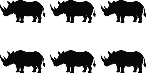 Six black rhinoceros silhouettes arranged in two rows on a white background, representing wildlife and conservation themes. © MdBijoyAli