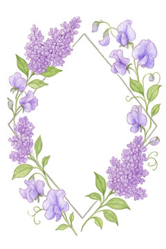 Elegant floral wreath composed of delicate purple lilacs and green leaves isolated on transparent background