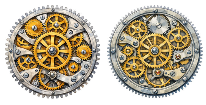A watercolor collection of vintage watch mechanisms and clockwork gears for steampunk designs, mechanical engineering illustrations, watchmaking graphics, and industrial decor.
