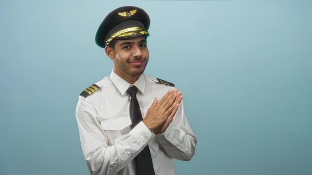 Man pilot in captain cap and white uniform clasps hands and smiles, epaulettes visible against a pale blue studio backdrop; playful confidence.