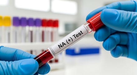 Naklejka premium Gloved hands holding a blood test tube labeled NA (+) Test in a laboratory setting.