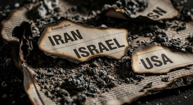 Burnt country maps of Iran, Israel, and USA lie on charred wooden planks amidst dark ashes and debris, evoking a sense of destruction and chaos.
