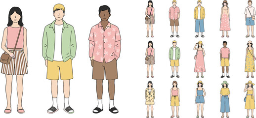 Fototapeta premium Collection of diverse young people wearing casual summer fashion outfits including shorts floral shirts and hats for seasonal lifestyle concept flat vector