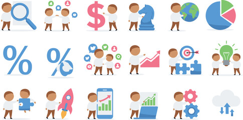 Business and marketing icon set with cute characters representing growth strategy target social media and creative ideas for startup concept flat vector