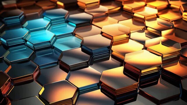 Colorful hexagonal shapes arranged in a pattern. Light reflects off the surfaces, creating interesting effects. The movement highlights the design and colors throughout the frames.