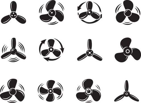 Propeller icon vector set with screw and blade symbols. Mechanical rotation sign collection for UI.