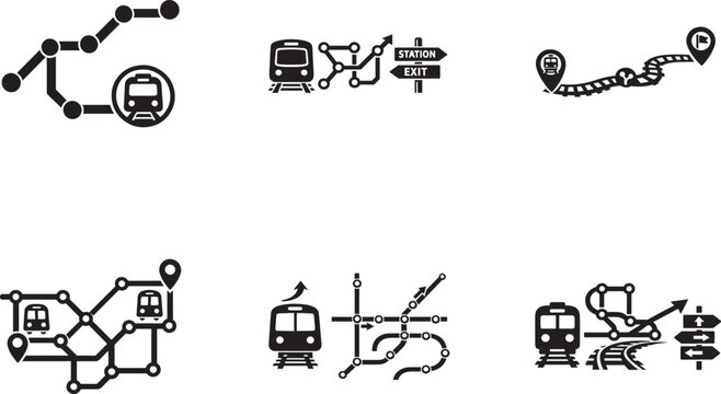 Train route icon set vector with railway navigation, metro line map symbols and direction signs for UI.