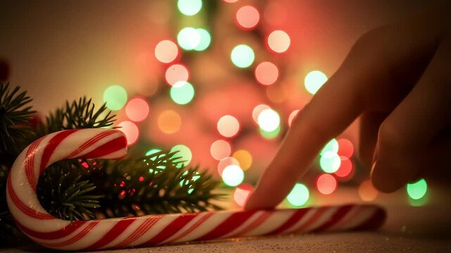 A festive holiday scene featuring a candy cane surrounded by evergreen branches and colorful blurred lights