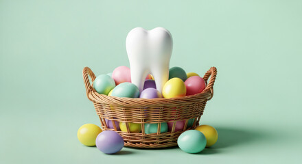 Fototapeta premium Easter basket filled with colorful eggs and a large tooth decoration on a pastel green background for dental health awareness