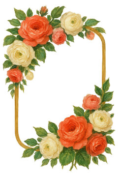 Elegant floral wreath composed of roses and greenery in a decorative frame isolated on transparent background