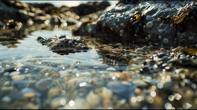 Close-up of clear water flowing over small rocks and barnacle-covered surfaces in a tidal pool.