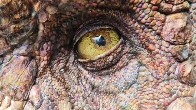 Animatronic Dinosaur Eye Blinking With Detailed Scaly Creature Skin Close Up