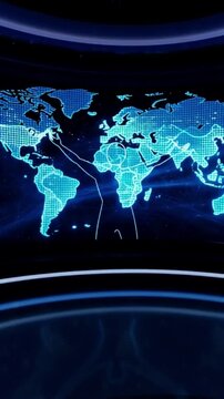 Futuristic news studio with glowing blue world map and blank television screen display